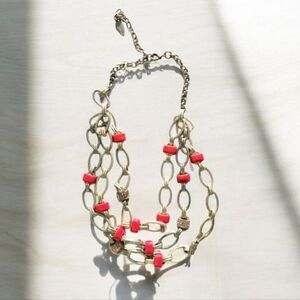 Coldwater Creek Coral Color Enamel & Rhinestone link chain Multi Strand Necklace